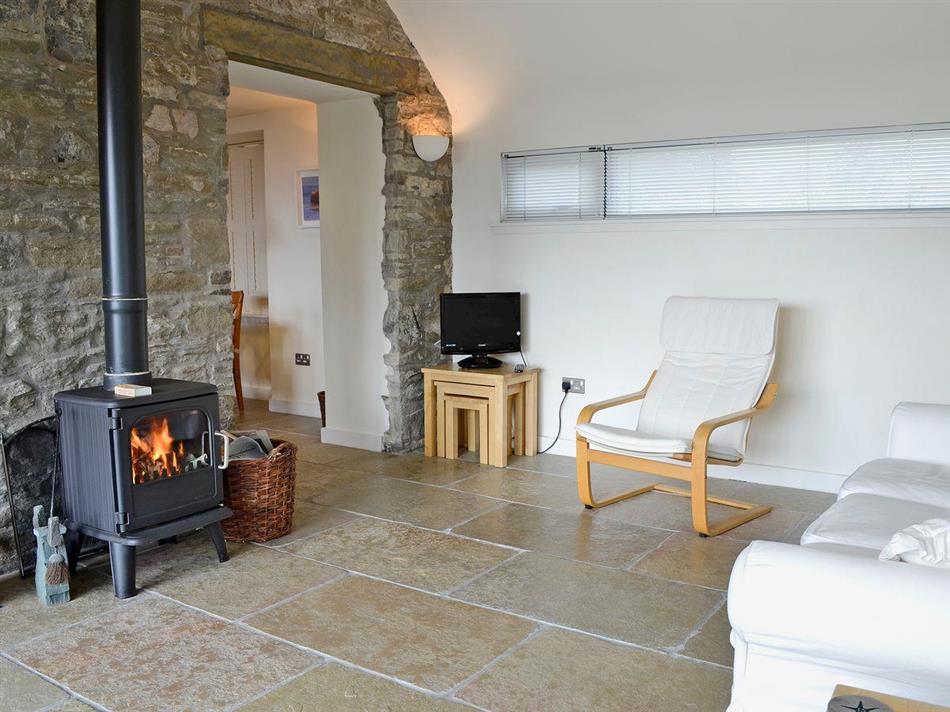 Living room with a wood burner in Bridge Cottage, Broughty Ferry near Dundee